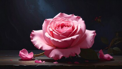 A close-up studio shot of a fully bloomed pink rose, droplets visible, on a dark, textured surface with dark background