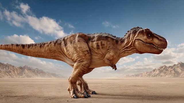 Tyrannosaurus Rex in the Wild: A formidable Tyrannosaurus Rex strides across a desolate landscape under a vast blue sky, a symbol of prehistoric power and the ancient world. 