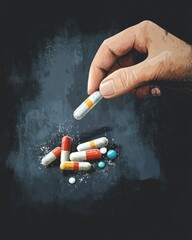 Hand Dropping Pill Among Scattered Colorful Medications on Dark Surface.