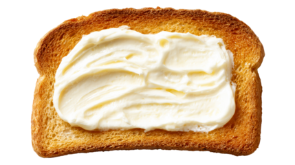 Golden toasted bread slice generously spread with creamy butter, perfect for breakfast or snack food themes, offering delicious comfort and appetite appeal for culinary and lifestyle