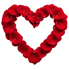 Red rose petals arranged in a heart shape, isolated on a transparent background for love and romance concepts