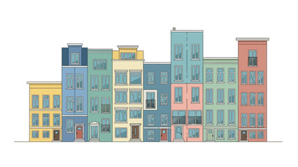 Fototapeta premium Colorful row of modern townhouses with balconies and multiple windows