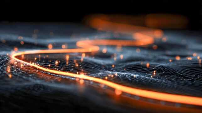 Abstract digital landscape showcasing glowing orange light trails and intricate network patterns on a dark background, evoking themes of technology and futuristic innovation