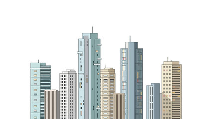 Fototapeta premium Stylized Vector Illustration of a Modern City Skyline Featuring Diverse High-Rise Buildings and Contemporary Architecture, Representing Urban Development and Metropolitan Life