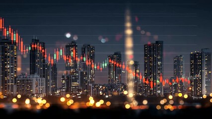 City Skyline with Financial Data Overlay, Illuminated Buildings and Stock Market Trends - Powered by Adobe