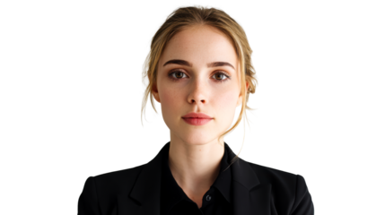 Professional young woman with light brown hair and freckles, wearing a black blazer and shirt, looking forward with a serious expression, perfect for corporate use and professional branding.