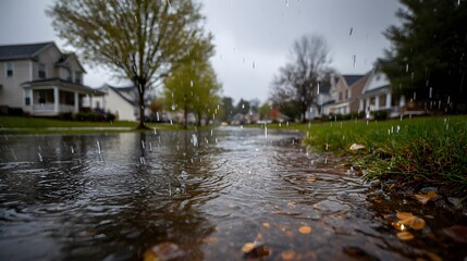 Obraz premium Street level view of a suburban neighborhood during a rain shower, ripples in a puddle in foreground, green grass and houses in the background.