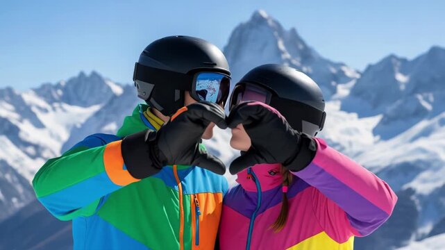 happy couple in winter mountains making the heart shape with the hands