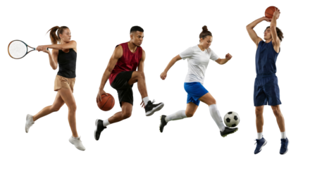 Dynamic group of young athletes engaging in various sports activities on a transparent background