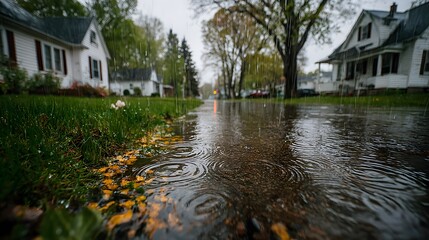 Obraz premium Street level view of a suburban neighborhood during a rain shower, ripples in a puddle in foreground, green grass and houses in the background.
