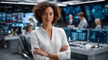 Confident Leader: A composed and confident professional woman stands tall in a tech-filled command center, her arms crossed with self-assurance, as the control panels glow in the background. 