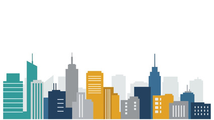 Obraz premium A colorful and modern cityscape illustration featuring various skyscrapers and buildings in shades of blue, yellow, and gray against a white background.