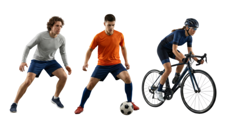 dynamic sports action shot featuring athletes engaging in soccer and cycling activities with