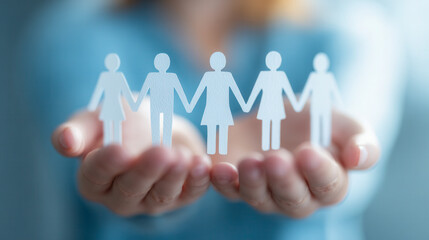 Hands gently holding a row of paper cutout people figures symbolizing unity support and community connection on soft blue background