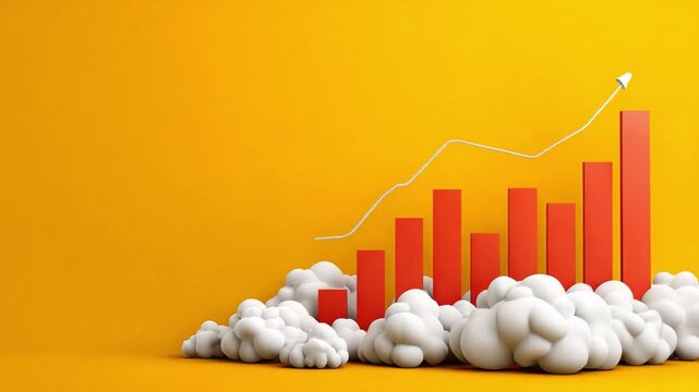 Ascending Business Heights: A vivid depiction of progress, with rising bar graphs symbolizing growth amidst a backdrop of clouds, visually representing the concepts of advancement and success.