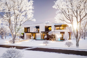 3d rendering of two-story house with parking and pool for sale or rent with concrete facade and beautiful landscaping on background. Cool winter day with shiny white snow