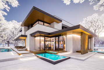3d rendering of two-story house with parking and pool for sale or rent with concrete facade and beautiful landscaping on background. Cool winter day with shiny white snow