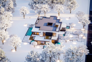 3d rendering of two-story house with parking and pool for sale or rent with concrete facade and beautiful landscaping on background. Cool winter day with shiny white snow