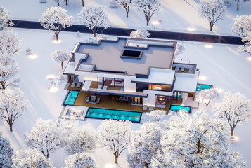 3d rendering of two-story house with parking and pool for sale or rent with concrete facade and beautiful landscaping on background. Cool winter day with shiny white snow