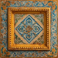 Square ceiling panel with ornate blue and gold floral patterns, highlighting exquisite craftsmanship and artistic detail, ideal for enhancing interior design aesthetics
