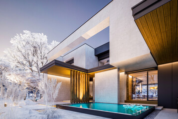 3d rendering of two-story house with parking and pool for sale or rent with concrete facade and beautiful landscaping on background. Cool winter day with shiny white snow