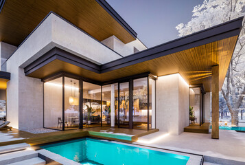 3d rendering of two-story house with parking and pool for sale or rent with concrete facade and beautiful landscaping on background. Cool winter day with shiny white snow