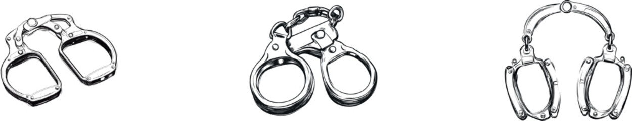 Modern crime investigation icons are illustrated in a minimalist design, featuring an isolated line drawing of handcuffs on a white background
