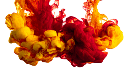 Vibrant yellow and red ink drops swirl and bloom in water, creating abstract fluid formations for dynamic backgrounds and visual effects.