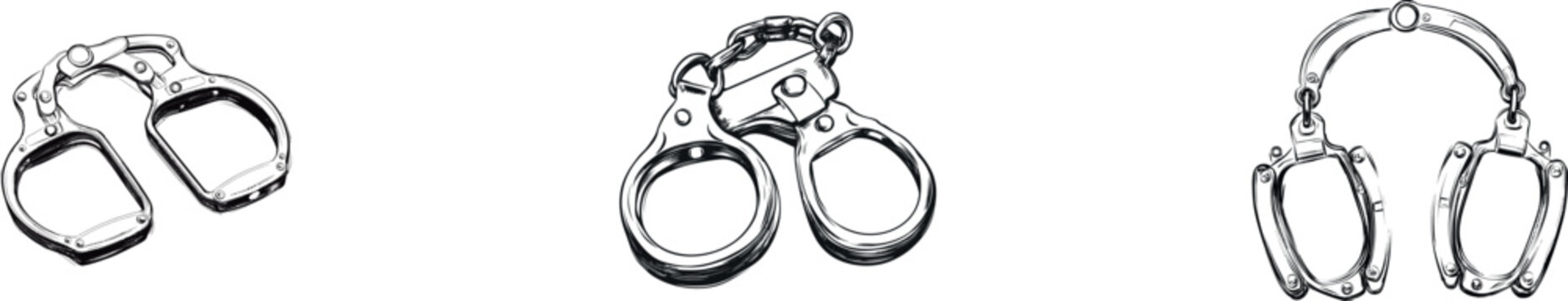 Modern crime investigation icons are illustrated in a minimalist design, featuring an isolated line drawing of handcuffs on a white background