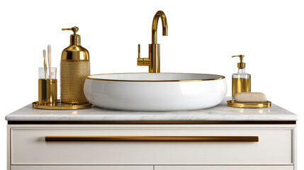Luxurious bathroom vanity with gold accents featuring a vessel sink, faucet, soap dispenser, and toothbrushes for upscale home decor and product displays