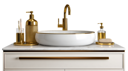 Luxurious bathroom vanity with gold accents featuring a vessel sink, faucet, soap dispenser, and toothbrushes for upscale home decor and product displays