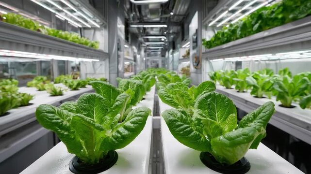 Urban Oasis: rows of fresh lettuce thriving in a modern hydroponic farm, representing the future of sustainable food production.