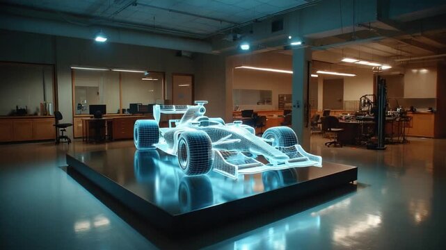 Formula Race Car Model: A luminous, futuristic race car model takes center stage within a state-of-the-art workshop, symbolizing the cutting edge of automotive engineering and design.