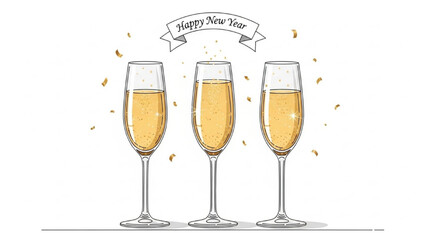 Realistic New Year Champagne Toast Set with Three Flutes, Gold Drink, and Happy New Year Text Vector Illustration