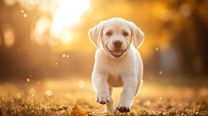 Happy Yellow Labrador Puppy Running in Autumn Field.