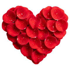 Heart shape made of red rose petals with water droplets isolated on a transparent background for love and romance concepts