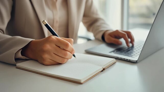 Close-up of a woman writing in a notebook while working on a laptop computer in an office setting