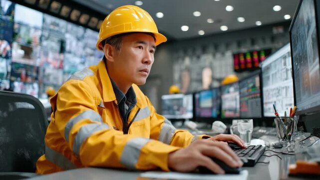 Safety First: An Asian engineer in a yellow hard hat and protective gear diligently monitors computer screens in a control room, embodying diligence and expertise. 