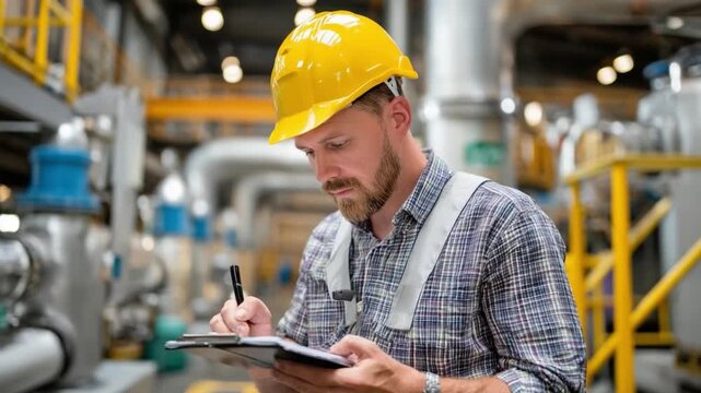 Industrial Professional's Precision: A focused industrial worker in a hard hat meticulously documents details within a bustling factory environment, a testament to his expertise.