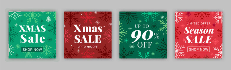 Xmas sale banner set. Snowflake pattern cards with seasonal price deal. Christmas coloured discount cards. EPS 10 vector flyer design.