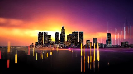 Vibrant Sunset Over Cityscape with Abstract Data Visualization and Tall Buildings - Powered by Adobe