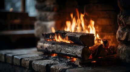 Close view of rustic brick fireplace with roaring orange flames consuming logs, high contrast lighting showing wood texture and warm fire glow.