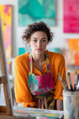 Young woman artist in vibrant orange shirt and colorful apron, poses confidently in her studio filled with abstract paintings, showcasing her creative environment and artistic passion