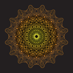 Detailed golden mandala on black background for business cards, banners, templates.