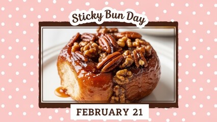National Sticky Bun Day February 21 Celebration Graphic with Pecan Topped Pastry
