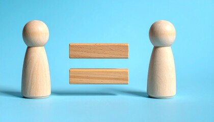 Two wooden figurines with equal sign between them on light blue background, symbolizing human equality.