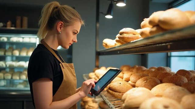 Young woman baker wearing apron standing near fresh bread shelves, checking orders on digital tablet in modern bakery shop. Efficient bakery management and digital technology at work.