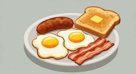 Breakfast plate with eggs bacon sausage and toast