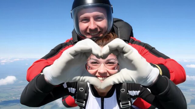 portrait of a couple of sky divers  wearing a helmet making the shape of heart with the hands