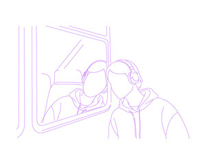 Person Listening to Music by Bus Window Lineart Illustration